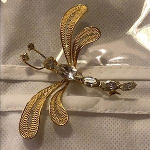 Vintage Gold Tone Dragonfly Rhinestone Brooch